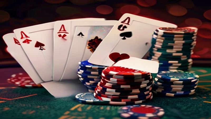 Bàn Poker Texas Hold'em hiển thị lá bài chung, lượt cược và số tiền trong pot